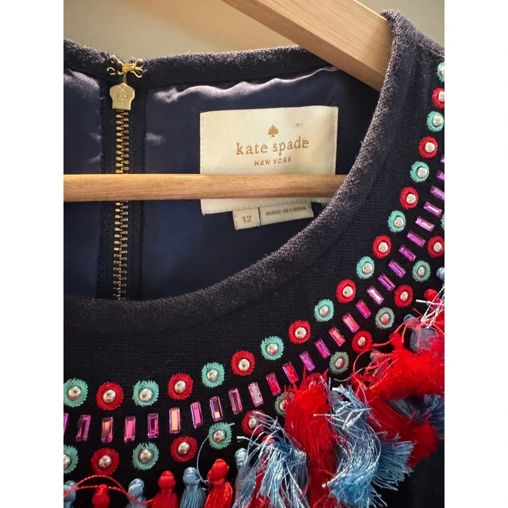 Kate Spade Navy Linen Tassel Bead Embroidered Shift Dress Womens 12 NJMU8581